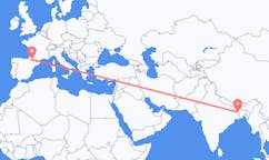 Flyg från Rajshahi, Bangladesh till Lourdes (kommun i Brasilien, São Paulo, lat -20,94, long -50,24), Frankrike