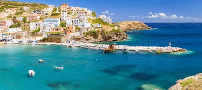 Photo of aerial view of Chania with the amazing lighthouse, mosque, venetian shipyards, Crete, Greece.