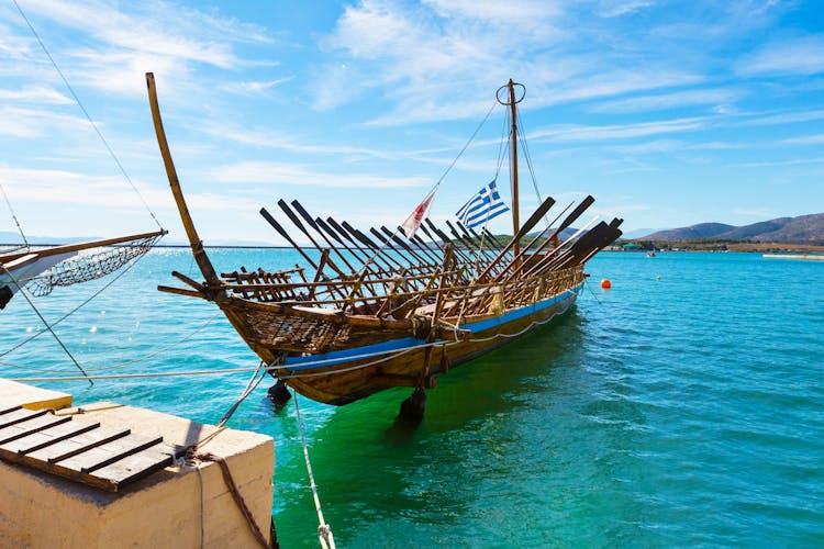 Argo legendary ship copy in port Volos, Greece. Greek mythology Argonauts sailed Argo to retrieve the Golden Fleece