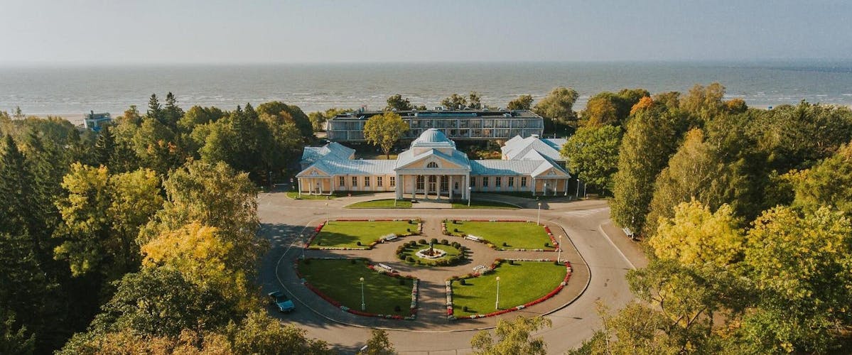 Photo of  Neoclassical building of the Pärnu Mud Baths, a hotel known for its mud bath therapies, Estonia.