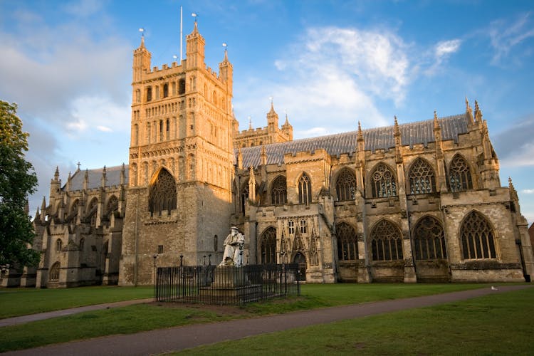 Photo of the grand Gothic style Cathedral at Exeter, Devon England UK.