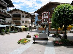 Photo of aerial view over Saalbach village in summer, Austria.