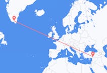 Flyrejser fra Narsarsuaq, Grønland til Kahramanmaraş, Tyrkiet