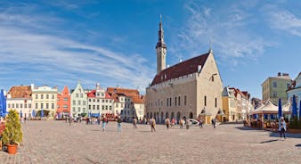 Scenic summer view of the Old Town and sea port harbor in Tallinn, Estonia.