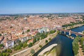 Photo of aerial view of Pavia and the Ticino, Cathedral of Pavia and Covered Bridge, Italy.