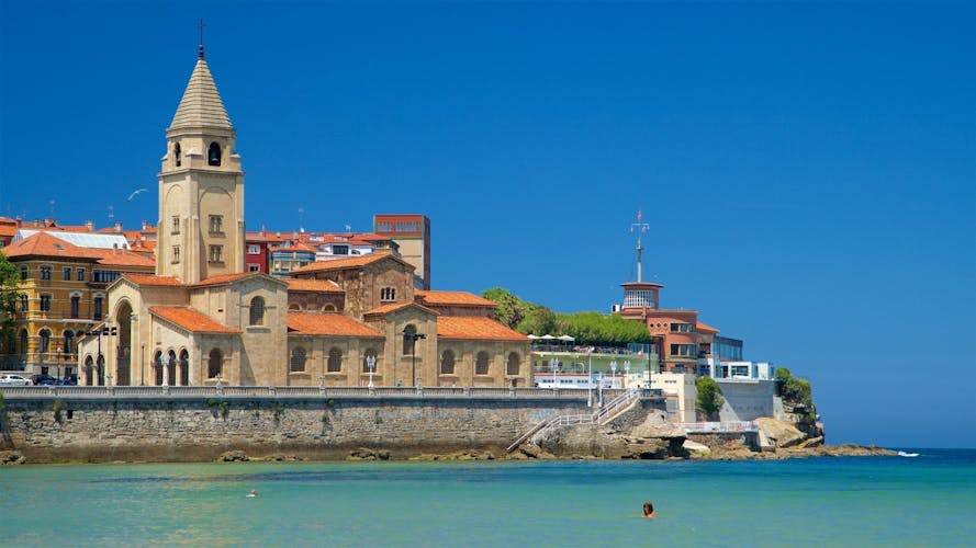 San Pedro church and San Lorenzo beach, Gijon, Asturias, Spain