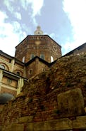 Photo of aerial view of Pavia and the Ticino, Cathedral of Pavia and Covered Bridge, Italy.