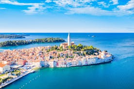 Photo of aerial view of town of Rovinj historic peninsula , famous tourist destination in Istria region of Croatia.