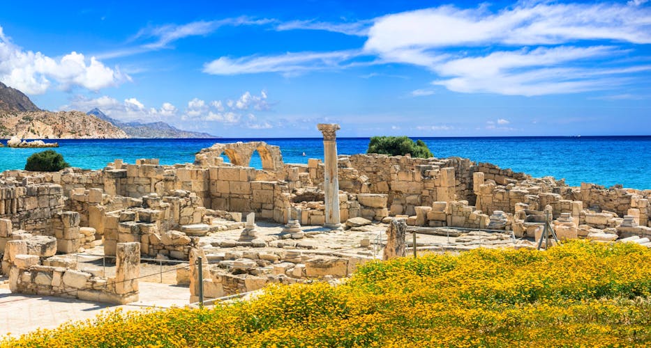 Photo of landmarks of Cyprus island - antique Kourion temple over the sea.