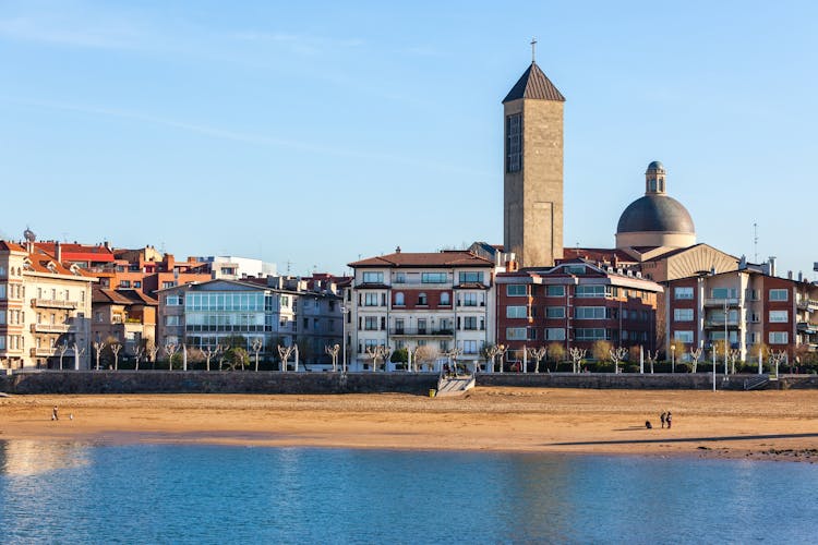 Las arenas of Getxo seafront and church. Basque country, The Northern Spain.