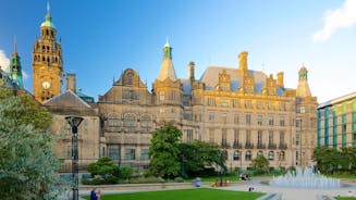 Photo of Nottingham Council House and a fountain front shot at Twilight, UK.