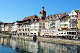 Bern, Switzerland. View of the old city center and Nydeggbrucke bridge over river Aare.