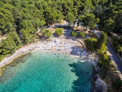 Photo of aerial view of town of Rovinj historic peninsula , famous tourist destination in Istria region of Croatia.