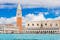 photo of Venice landmark, view from sea of Piazza San Marco or st Mark square, Campanile and Ducale or Doge Palace. Italy.