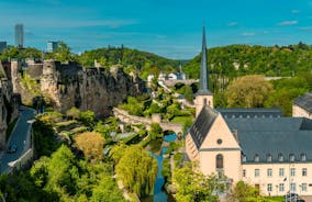Luxembourg city, the capital of Grand Duchy of Luxembourg, view of the Old Town and Grund quarter on a sunny summer day.