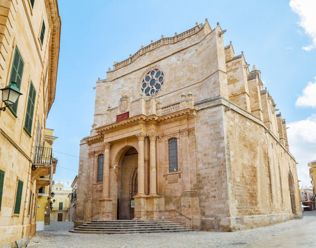 Old Santa Maria Cathedral at Ciutadella, Menorca island, Spain. It was being built between 1300 and 1362. The main facade in neo-classic style was constructed in 1813.