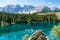 Photo of Carezza lake (Lago di Carezza, Karersee) with Mount Latemar, Bolzano province, South tyrol, Italy.