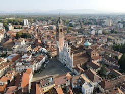 Photo of aerial view of the main square with church in Monza in north Italy.