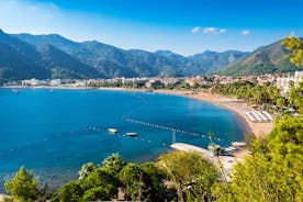 Photo of Marmaris marina with yachts aerial panoramic view in Turkey.