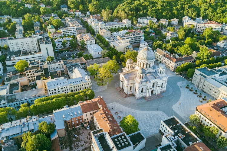 Photo of aerial view of Kaunas city center. Kaunas is the second-largest city in country and has historically been a leading centre of economic.