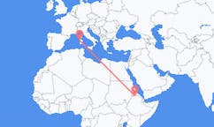 Vluchten van Inda Selassie, Ethiopië naar Alghero, Italië