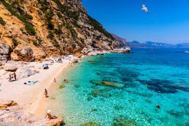 Photo of aerial view of Pittulongu, White Beach in Olbia, blue water, amazing Vegetation and sandy beaches with Tavolara island view, Italy.