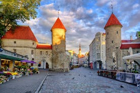 Scenic summer view of the Old Town and sea port harbor in Tallinn, Estonia.