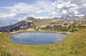 photo of panoramic view of the ski resort, les arcs 1950, French Alps.