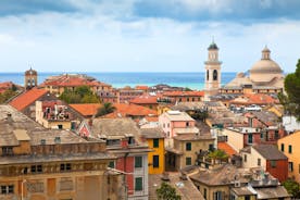 Photo of aerial view of Levanto or Levante, a beautiful fishing village in Liguria, Italy.