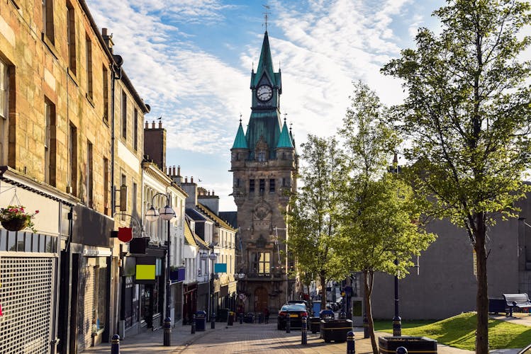 photo of view of clock tower on town hall in dunfermline scotland.