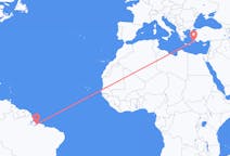 Flyg från Belém (kommun i Brasilien, Pará, lat -1,34, long -48,42) till Rhodes, England