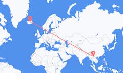Flyreiser fra byen Jinghong, Kina til byen Akureyri, Island