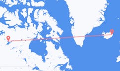航班从加拿大黄刀镇市到埃伊尔斯塔济市，冰岛塞尔