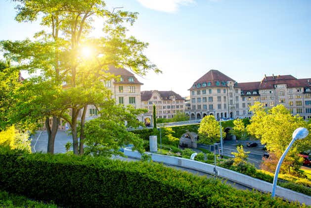 Photo of Lindenhof park on the sunset in Zurich city in Switzerland.