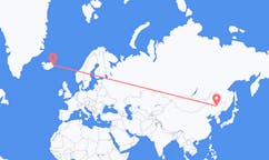 航班从中国哈尔滨市市到埃伊尔斯塔济市，冰岛塞尔