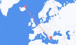航班从希腊米洛斯·普拉卡市到埃伊尔斯塔济市，冰岛塞尔