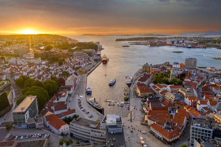 An aerial view of the harbour, Stavanger, Norway at dusk.