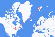 Flüge von London, Kanada nach Spitzbergen, Spitzbergen und Jan Mayen