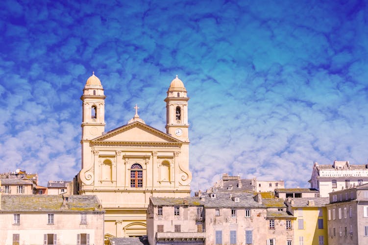 Photo of Bastia city old port Saint John the Baptist church and bell towers.