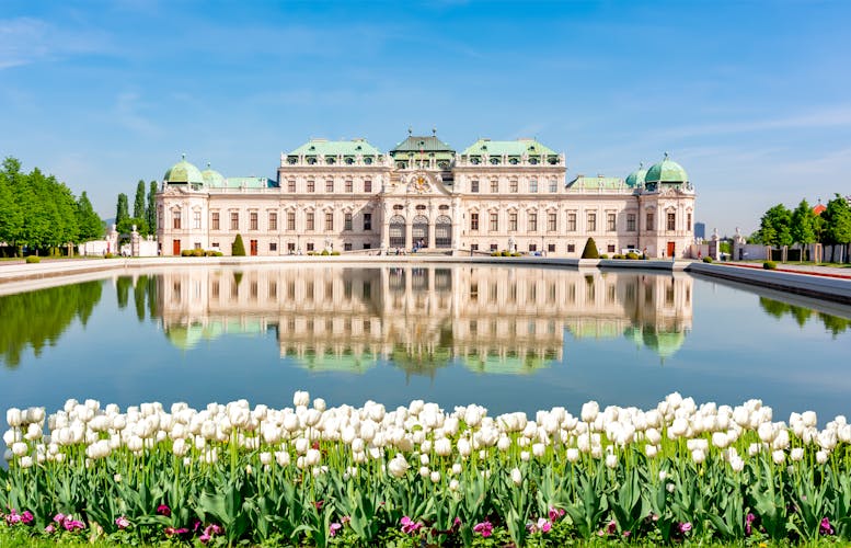Photo of upper Belvedere palace and gardens in spring, Vienna.