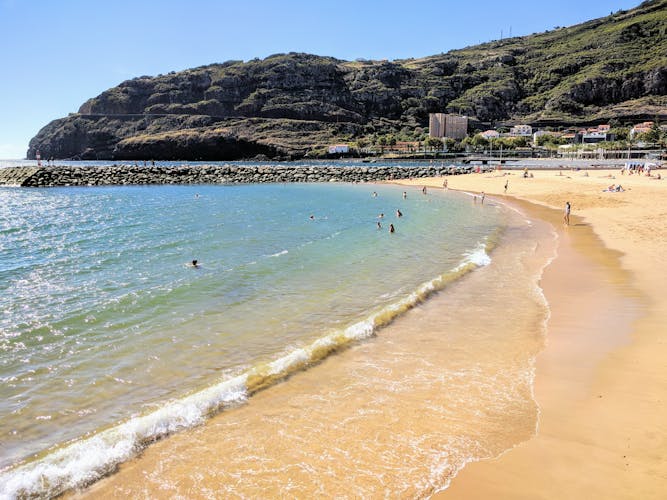 Photo of beautiful sandy beach at Machico, Madeira Island, Portugal.