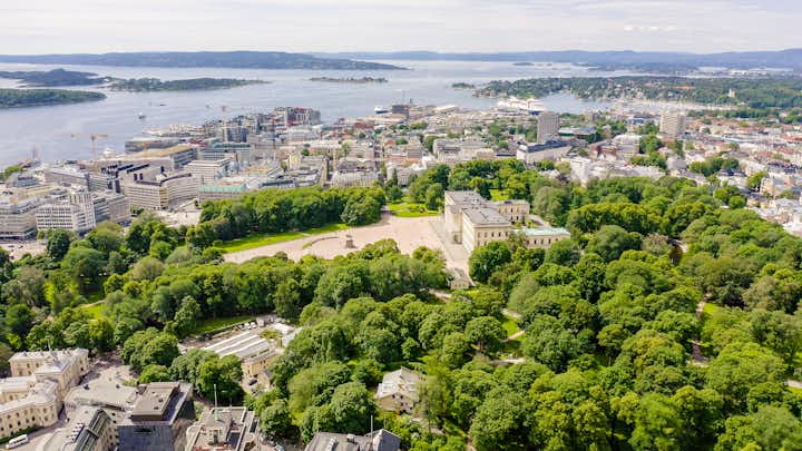 Oslo, Norway. Royal Palace. Slottsplassen. Palace park, From Drone