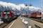 photo of view of Scenery of trains parking by the platforms of Innsbruck Main Station and snowy Nordkette mountains of Karwendel Alps, Pertisau, Austria.