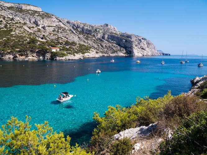 Photo of boat in the bay of Calanques Sormiou - Marseille, France.
