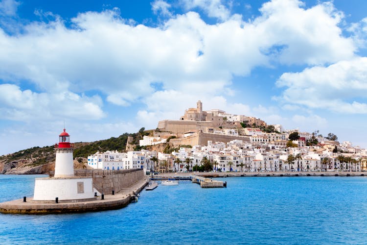 Photo of Eivissa ibiza town from red lighthouse red beacon in Balearic Islands.