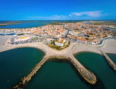 Photo of aerial view of Saintes-Maries-de-la-Mer, the capital of the Camargue in the south of France.