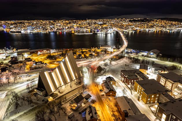 Aerial view of Tromsø Arctic Cathedral in Norway captured with a drone.