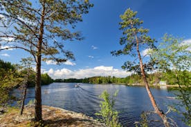 Photo of aerial view of beautiful landscape of lakes and forest in Imatra, Finland.