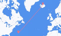Fly fra byen Bermuda, Storbritannien til byen Akureyri, Island