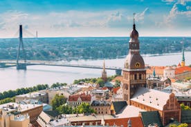 Photo of aerial view of Kraslava town, castle and river Daugava, Latvia.
